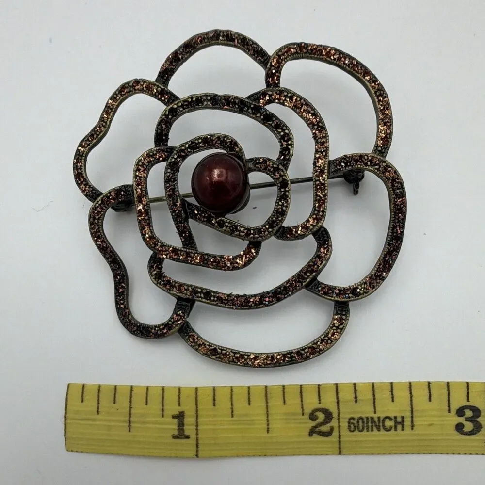 Brown & Gold Tone Flower Brooch Pin, Simulated Red Pearl Center, 2.50 in